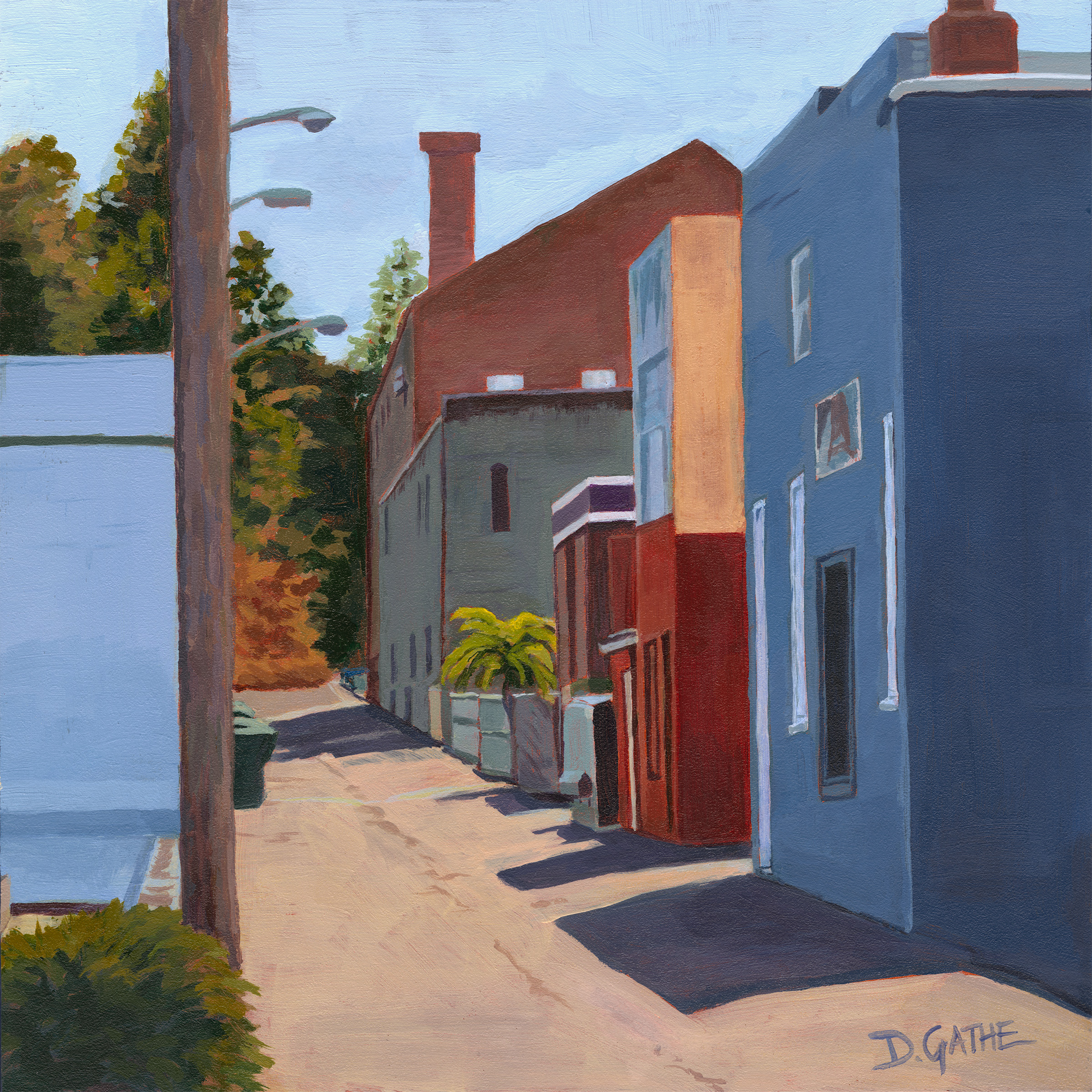 East View from Laurel Street — acrylic on panel by Dina Gathe